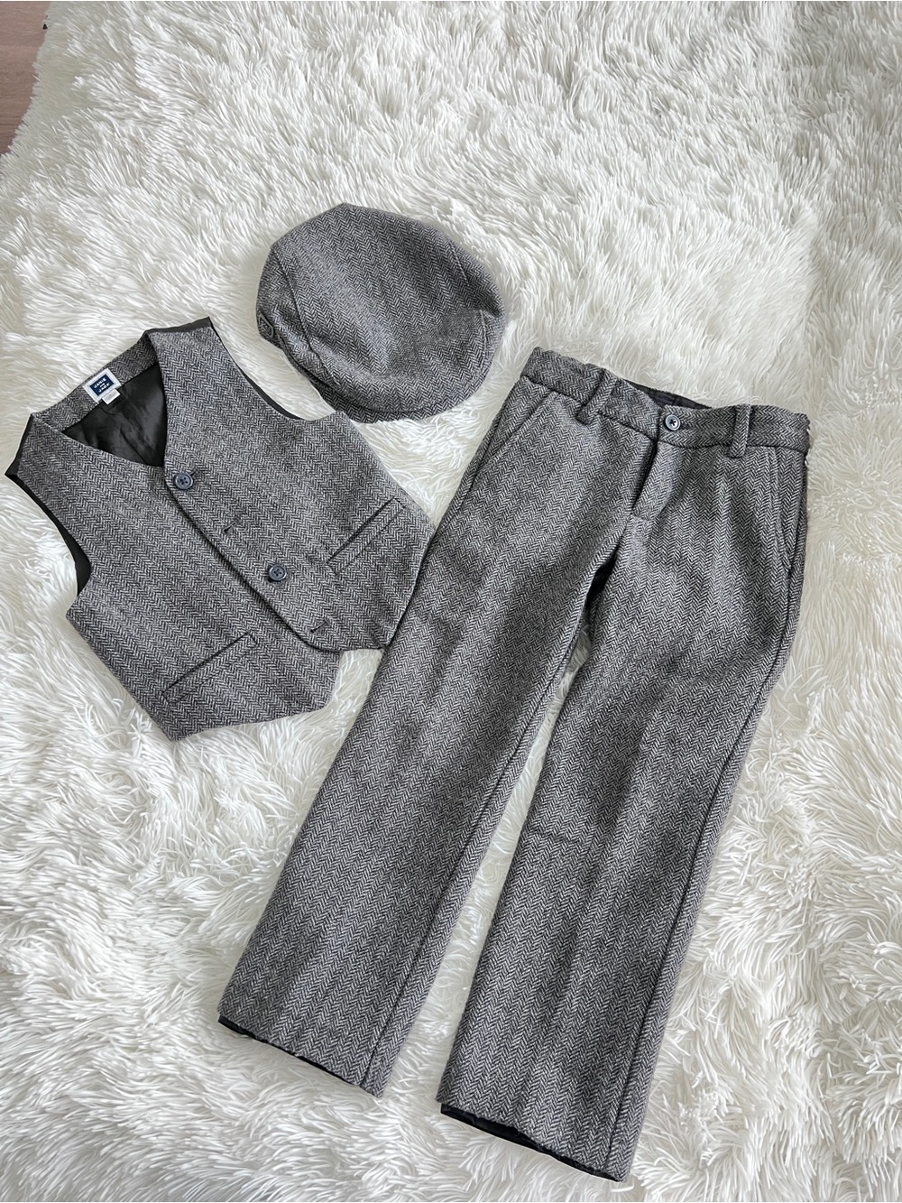 Janie and Jack Gray Tweed Vest, Pants & Cap Set